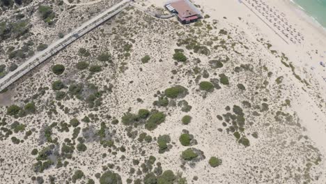 Aerial-reveal-at-Caparica-Beach-in-Almada-District,-Greater-Lisbon,-Portugal-on-a-summer-day