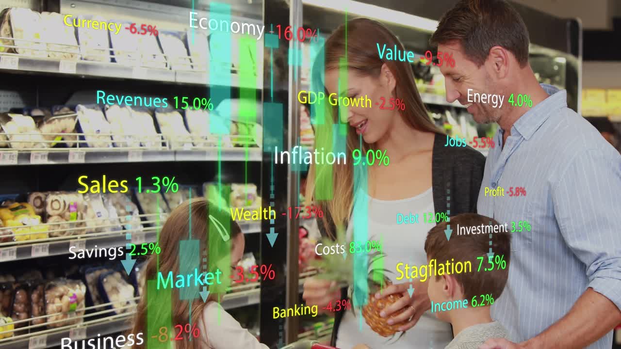 식료품 가게에서 백인 가족에 대한 그래프로 금융 데이터 처리의 애니메이션