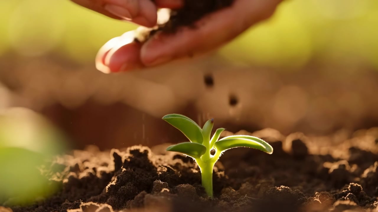 Scena in movimento ravvicinata che mostra una piantina verde e sana in terreno scuro mentre una mano umana rilascia piccole zolle dall'alto, con retroilluminazione calda e messa a fuoco morbida e poco profonda