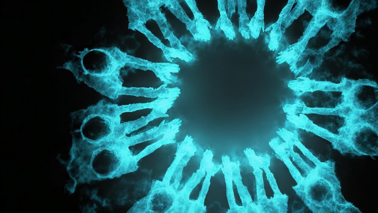 Un’ipnotica formazione circolare di figure spettrali circondate da scie di vapore blu luminescenti, che crea un’atmosfera eterea che cattura e incuriosisce gli spettatori con la sua essenza misteriosa e la sua bellezza mozzafiato