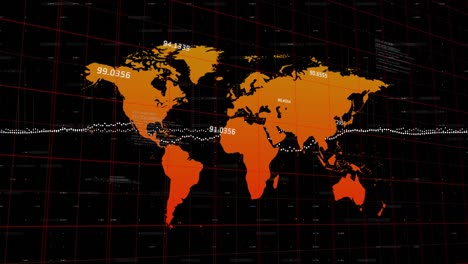 Animation-of-data-processing-and-numbers-changing-over-grid-and-world-map