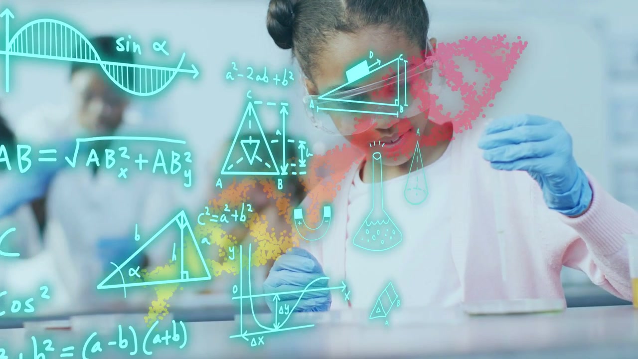 Girl wearing goggles pouring powder at lab bench creating overlays from geometry to DNA for science