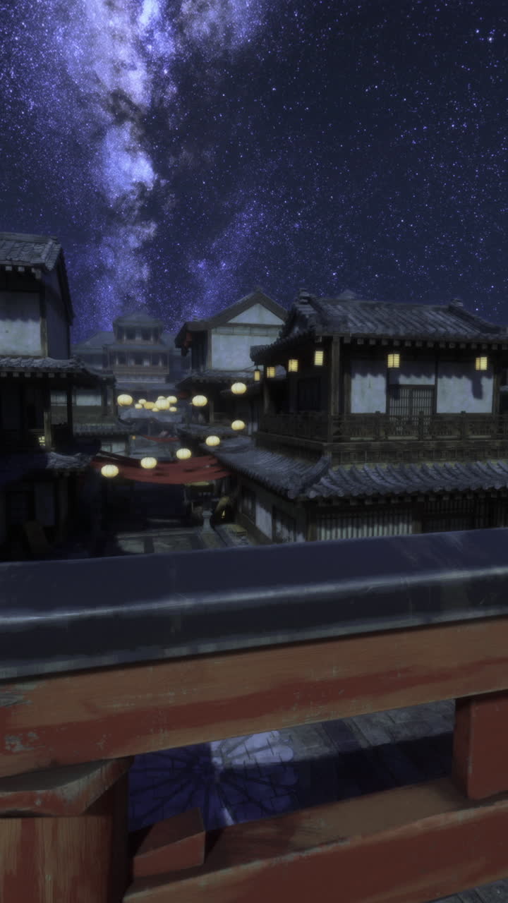屋根の上に星が輝く、伝統的な町の夜景