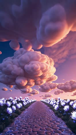 dreamlike path through a field of glowing flowers under a whimsical sky