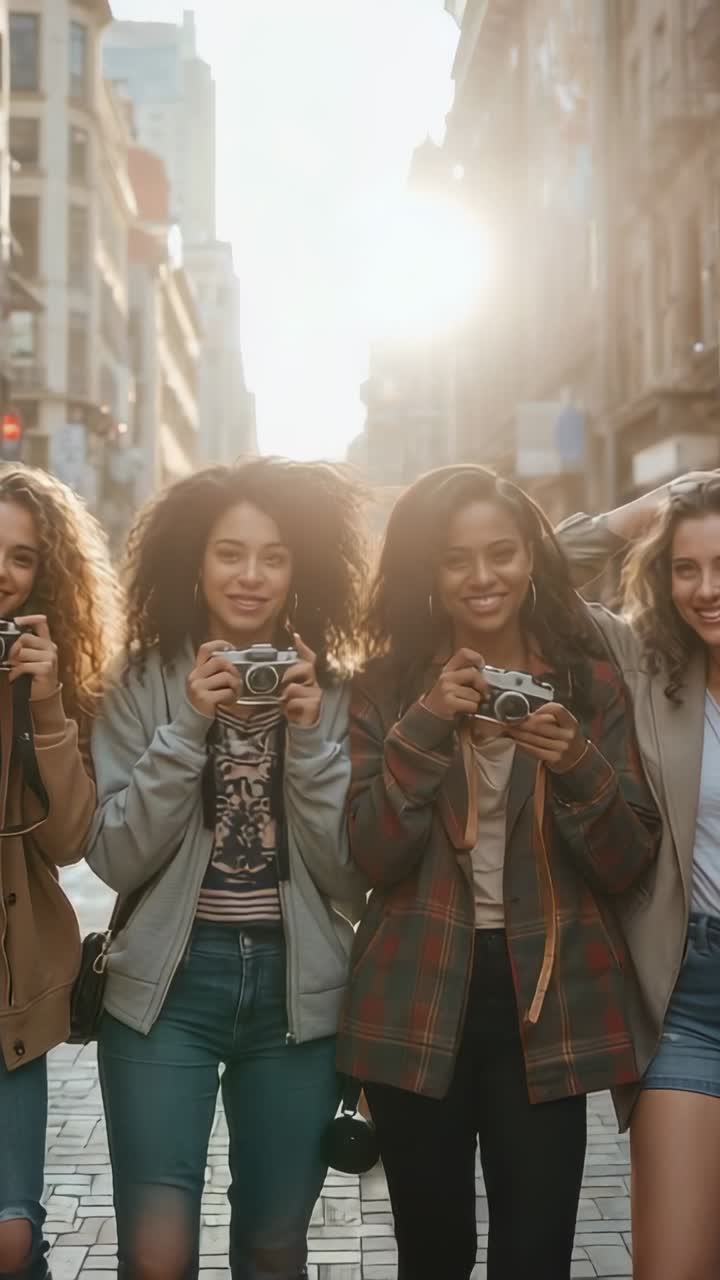 Video verticale: zoom indietro, due donne che sorridono in una via di mattoni tenendo in mano delle cineprese, riflesso del sole