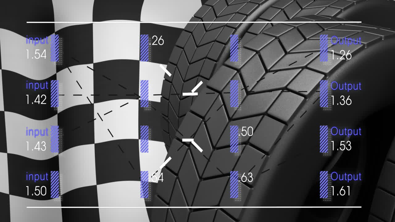 animación de la bandera de meta y procesamiento de datos sobre los neumáticos