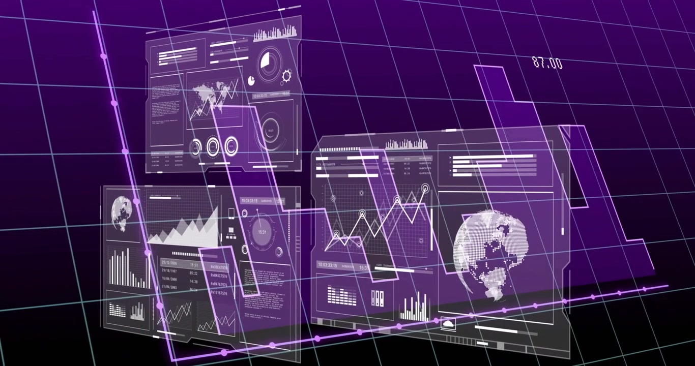 Futuristisk digitalt grensesnitt som viser dataanalyse og global informasjon.