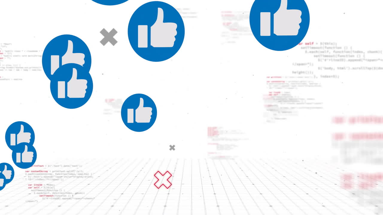 Thumbs up icons and red crosses animation over digital code background