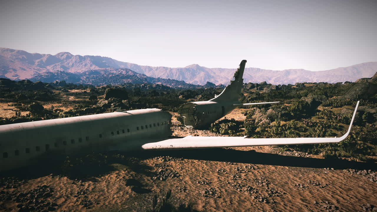 Plane crash in remote landscape reveals debris surrounded by nature