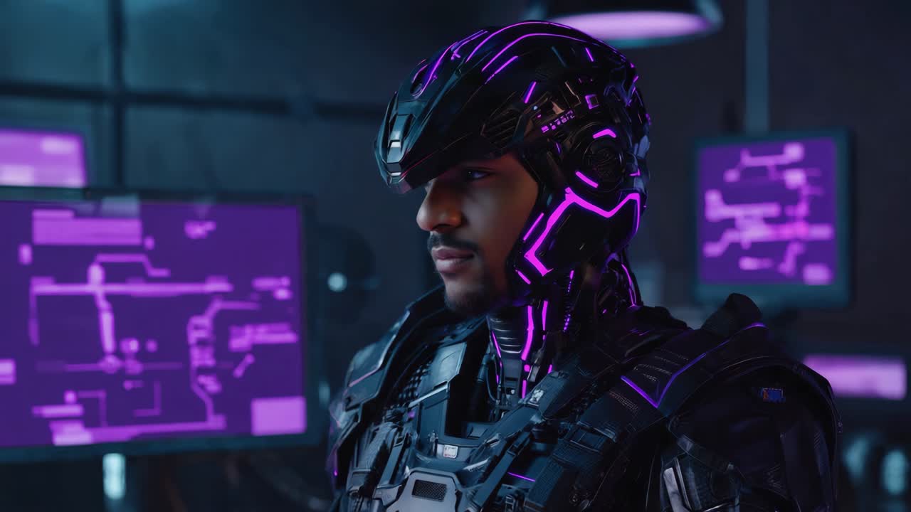 Uomo cyberpunk in armatura futuristica