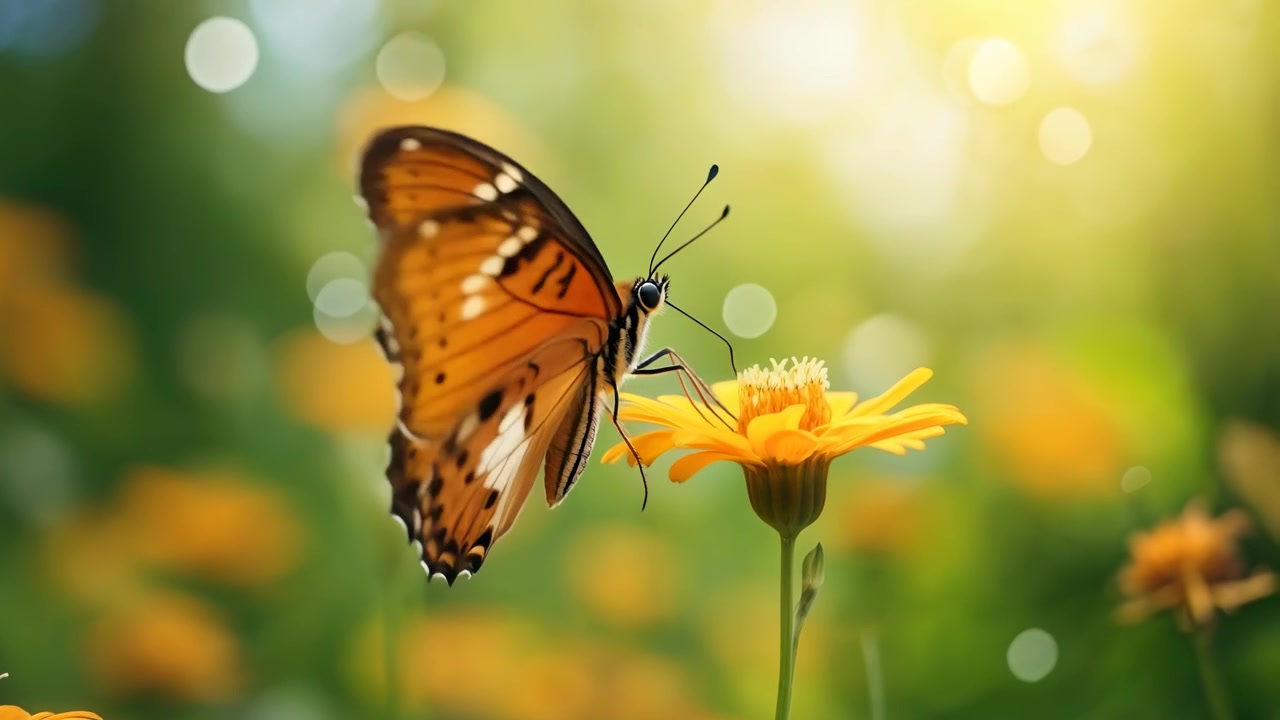 Farfalla arancione che si posa su un fiore giallo in un giardino soleggiato