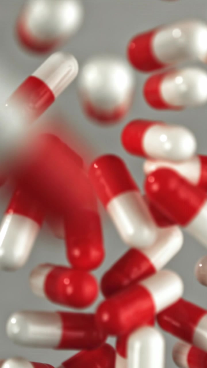 Red and White Medical Capsules Falling in Slow Motion