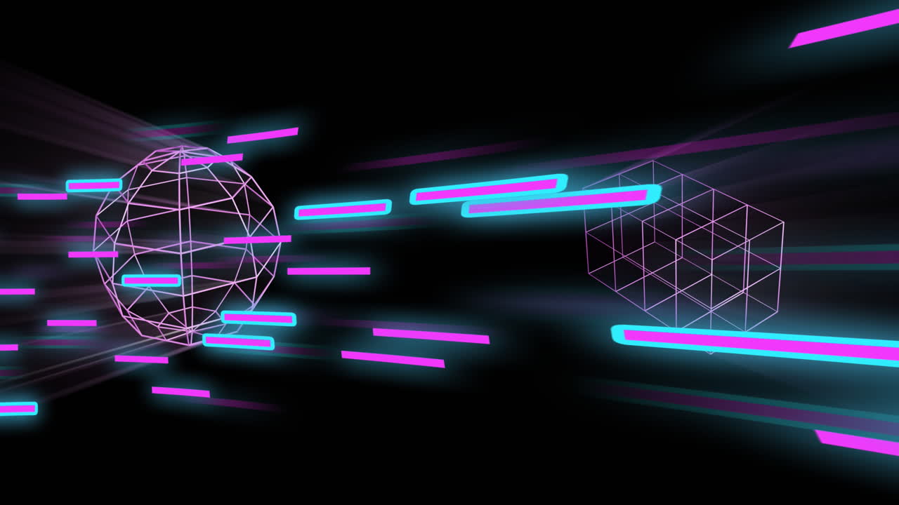 Animation of 3d pink shapes and neon lights on black background
