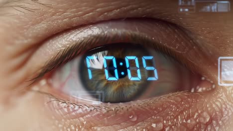 a close-up view of a human eye capturing the transition of time through digital interfaces highlighting a countdown timer from 10:05 to 02:00