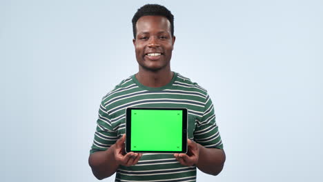 Man,-face-and-green-screen-space-on-tablet