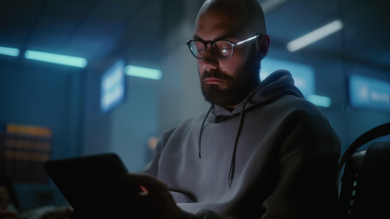 Man Reading Tablet at Airport