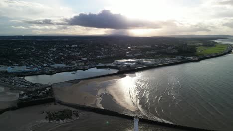 New-Brighton-waterfront,-Wirral---aerial-drone-high-reverse-on-a-sunny-winter-afternoon-08