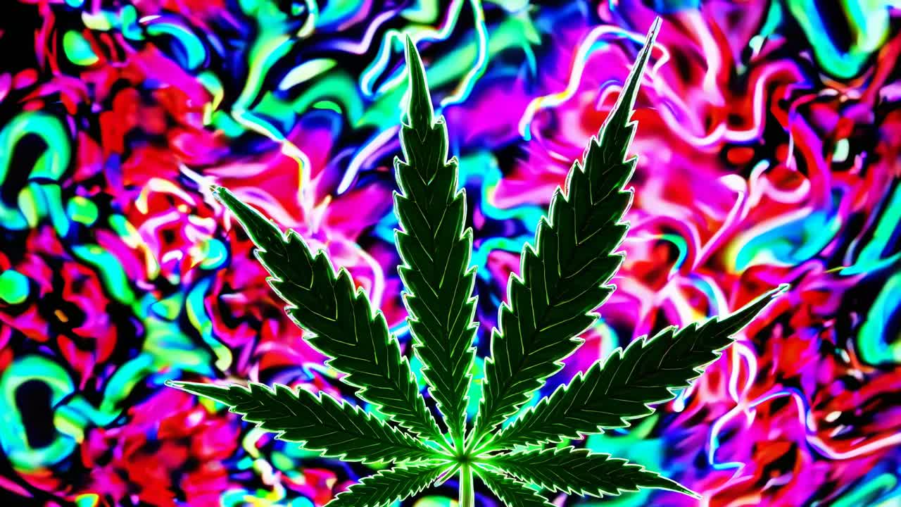 Aerial view of a cannabis leaf against a vibrant, psychedelic background