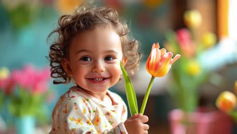 happy toddler holding a tulip