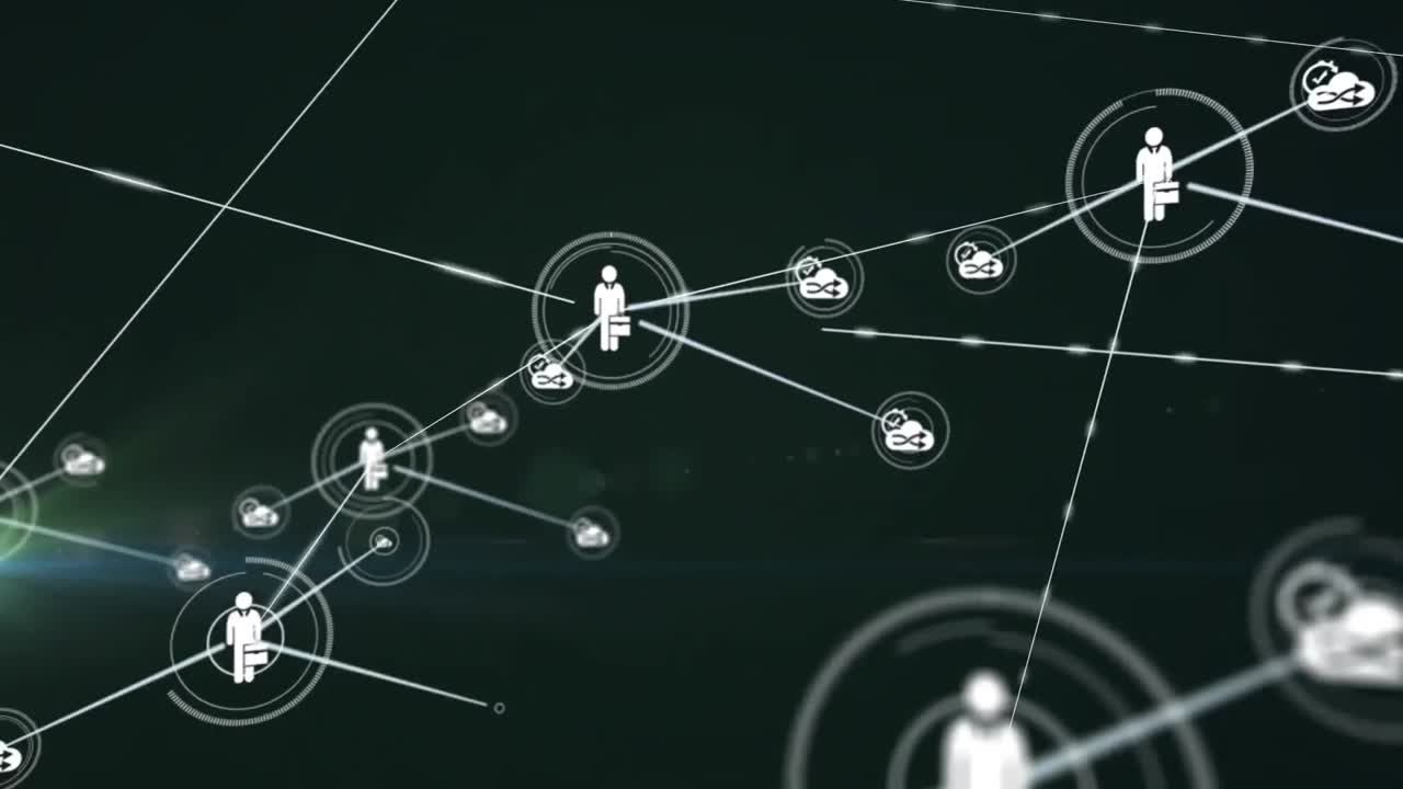 Animation of network of connections with digital people icons over green light