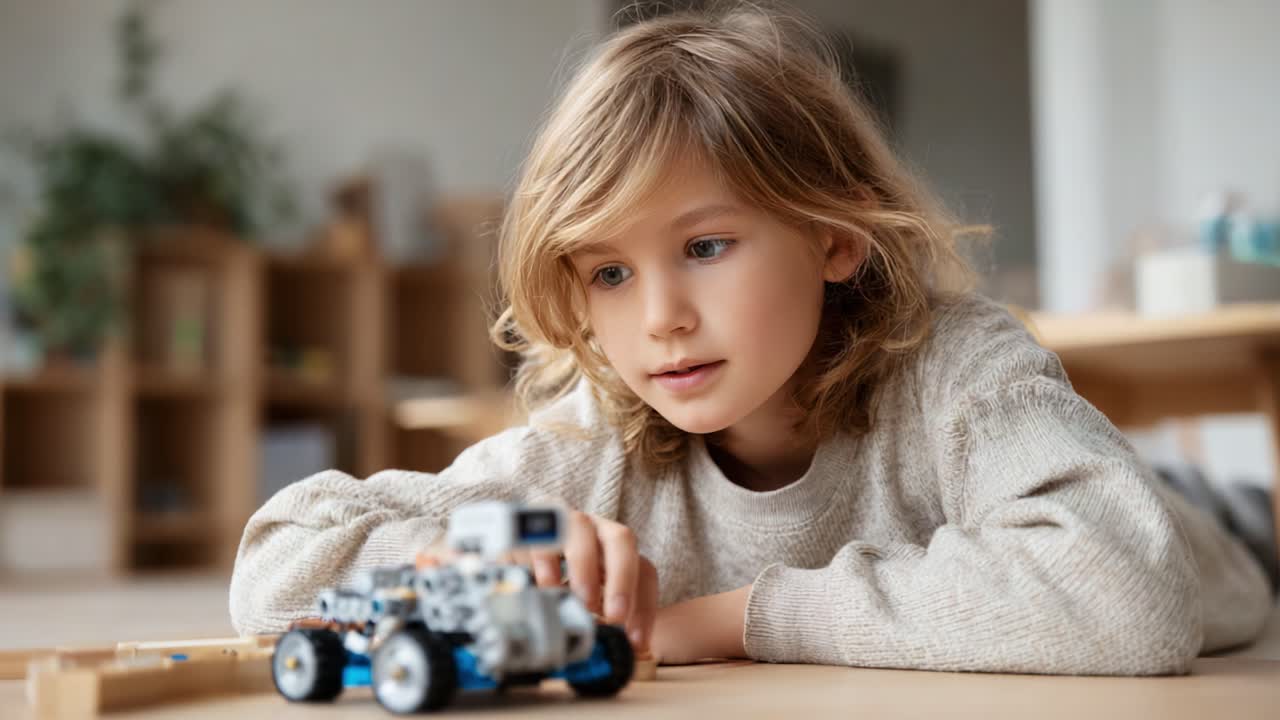 Et nysgerrigt barn fordybet i leg med et robotlegetøj på et hyggeligt indendørs gulv, med fokus på kreativitet og læring i et trygt miljø