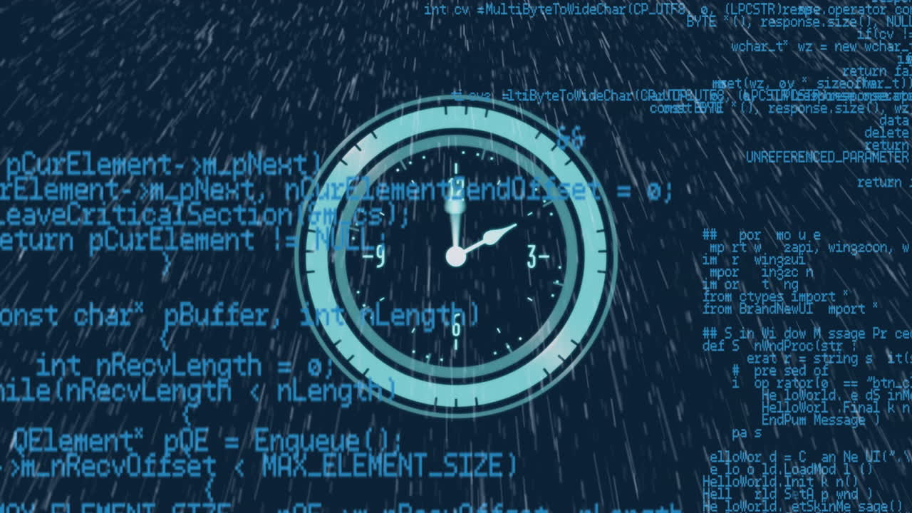 Animation of clock moving over data processing on blue background