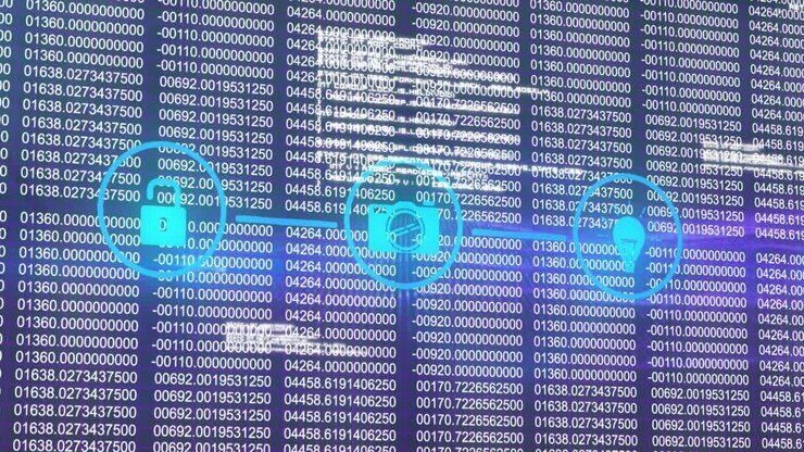 Animazione di un diagramma di flusso di icone con numeri che cambiano e linguaggio informatico su sfondo astratto