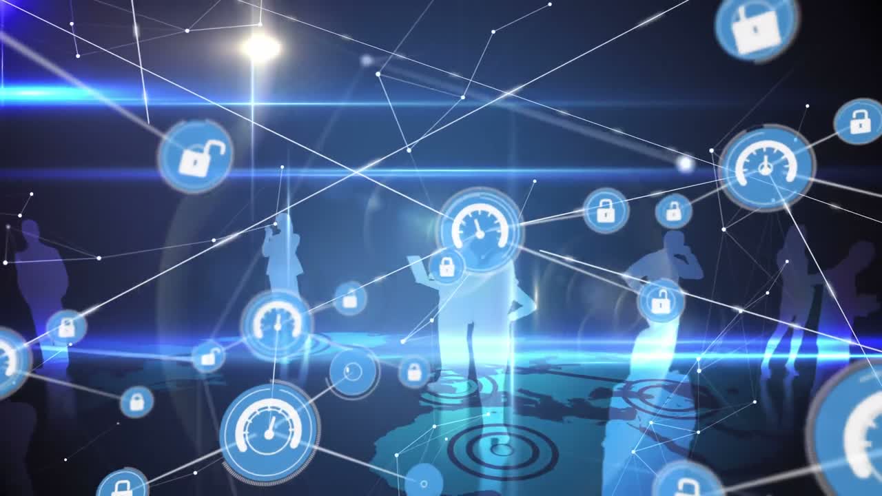 커 ⁇ 터가 움직이고 파란색 디지털 배경에 서 있는 사람들의 실루 ⁇