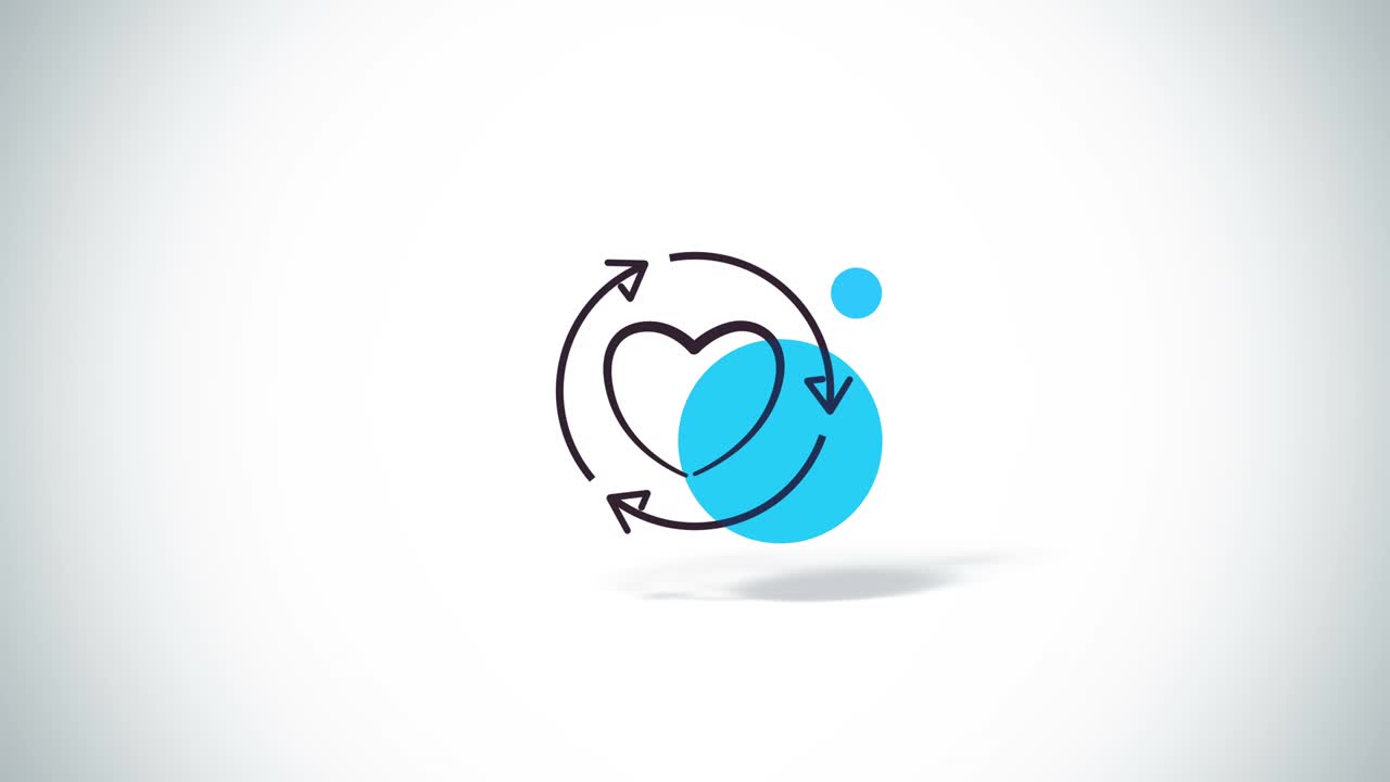 Rotate arrows and heart symbol flat animation. Logo style.