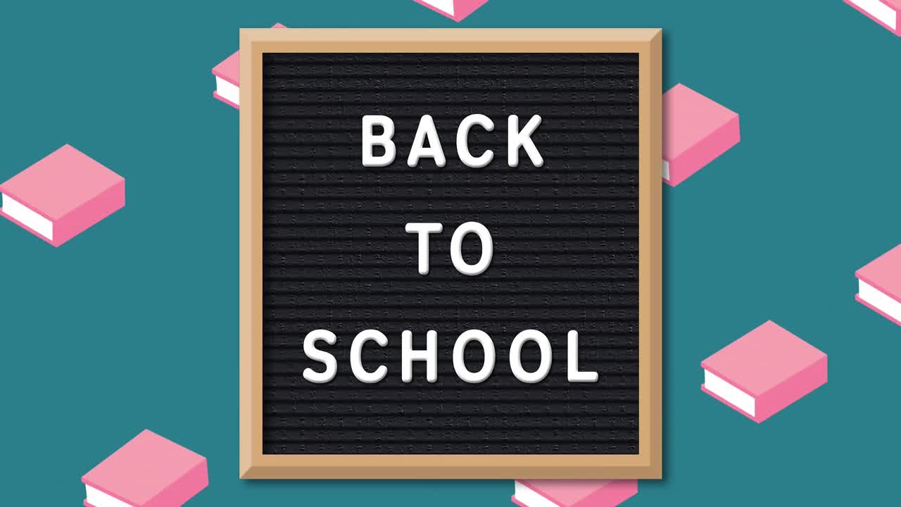 초록색 배경에 있는 학교 아이템 아이콘 위에 있는 학교로 돌아가는 텍스트의 애니메이션