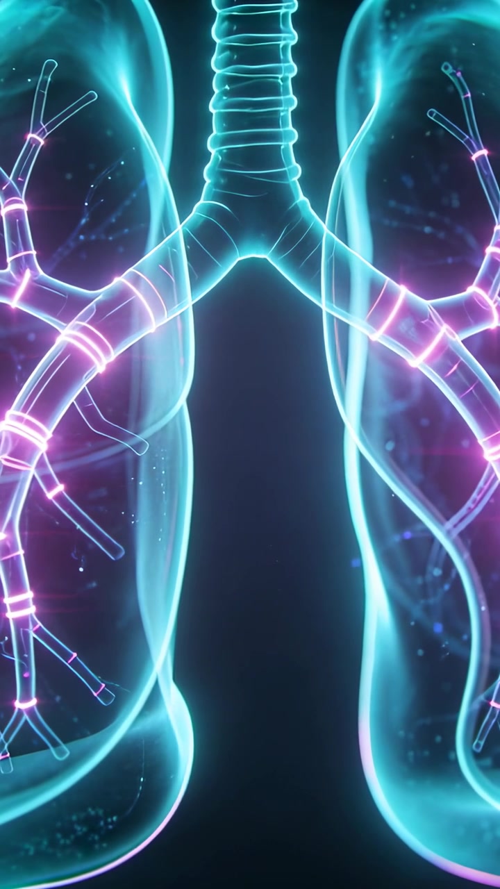Vertical video: Pulsing lungs on dark canvas sending lit wave from carina into bronchi with trachea