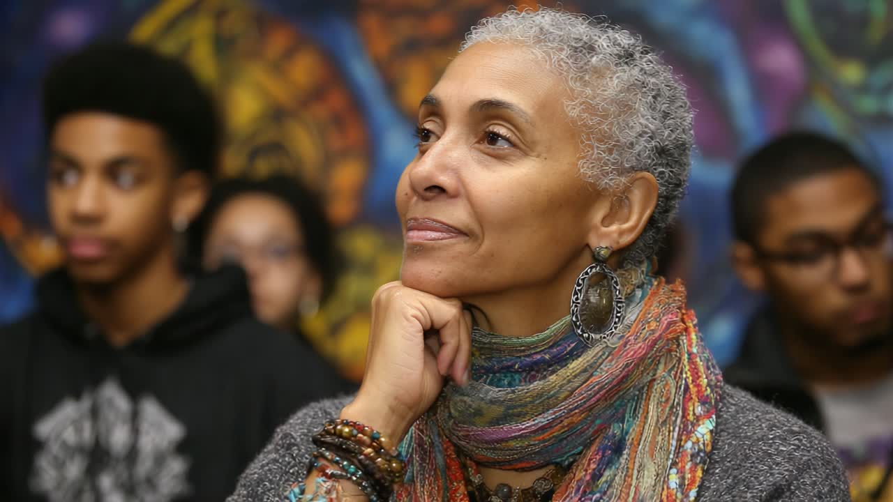 Engaged Reflection: A Thoughtful Woman Contemplates Deep Ideas Amidst a Vibrant Background, Surrounded by Young Learners Focused on Important Discussions