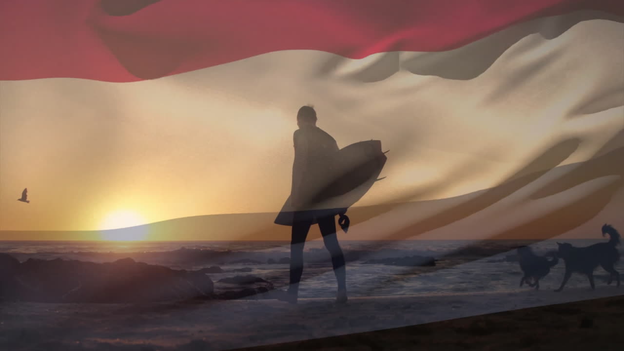 анимация флага германии над афроамериканцем с доской для серфинга на пляже