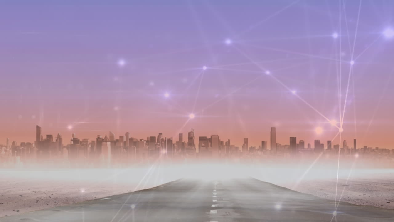 야간 도시 배경에서 추상적인 라인 연결