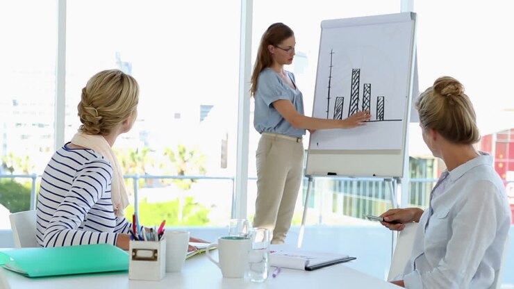 Businesswoman presenting bar chart to colleagues