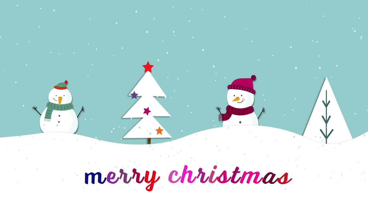 스노우맨과 나무 위에 떨어지는 스노우플레이크에 대한 메리 크리스마스 텍스트