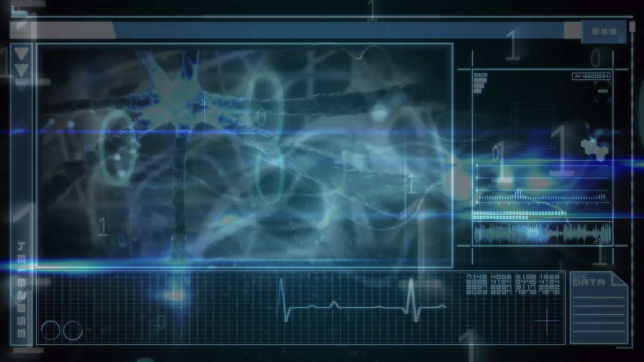 검은 바탕에 파란색 디지털 파도를 통해 데이터 처리를 하는 인터페이스의 애니메이션