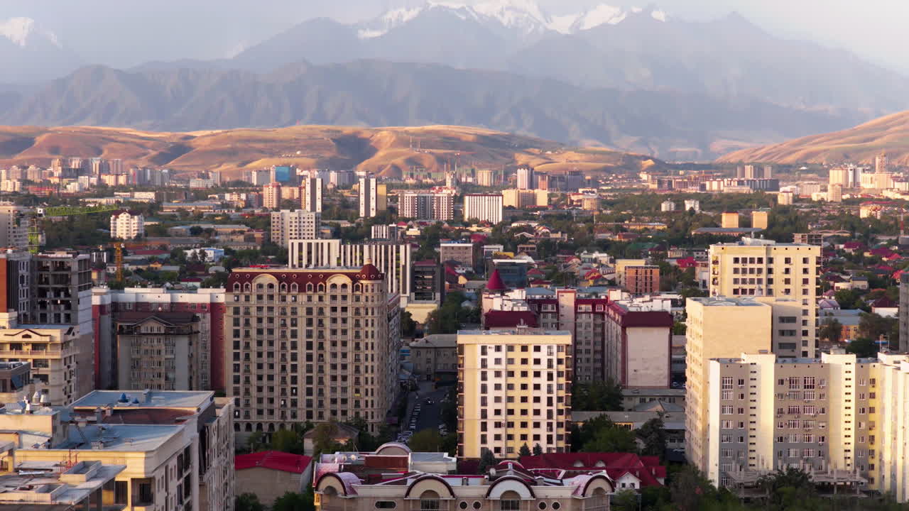 Drone Flight Over Bishkek City Of Kyrgyzstan At Sunrise