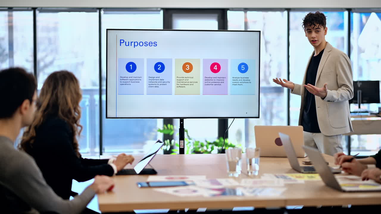 Young team leader leading business meeting in an office, discussing business affairs with workers using a big display