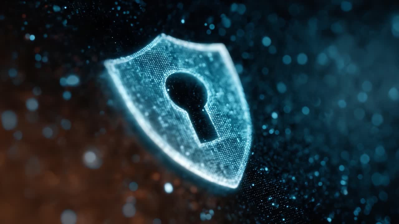 A Glowing Digital Shield with a Keyhole Design Reflects the Concept of Cybersecurity, Data Protection, and Technological Safety in a Modern Abstract Background