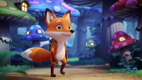 a playful fox explores a vibrant, enchanted forest filled with colorful mushrooms, showcasing a whimsical adventure through a magical, animated landscape