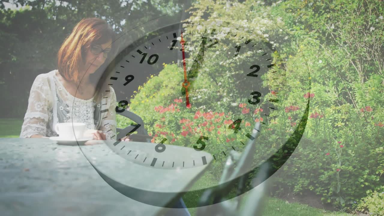Mature woman writing business plan, transparent clock overlay appearing and advancing time to ten