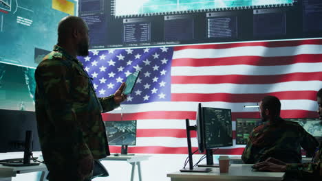 military personnel in high tech office handle surveillance activity on world map