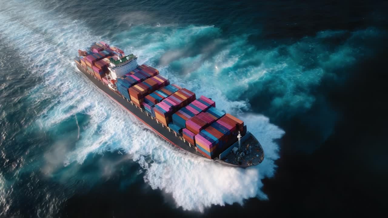 Aerial View of a Container Ship Navigating Through Turquoise Waters with Colorful Cargo, Emphasizing the Importance of Maritime Trade and Transportation