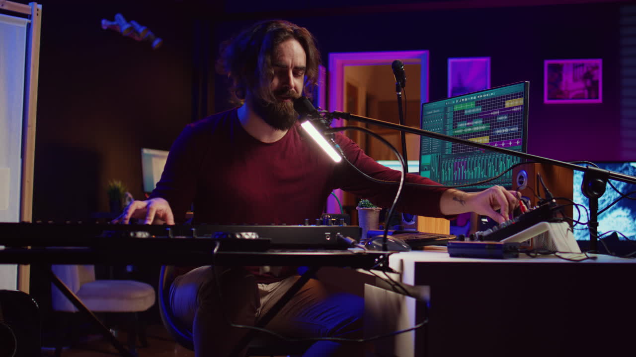 músico hábil componiendo una canción en el piano controlador midi