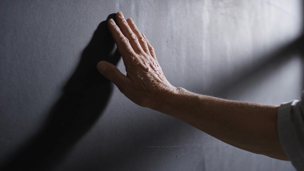 Reaching senior forearm hand from right rolled cuff probing dark wall in slant light checking mark