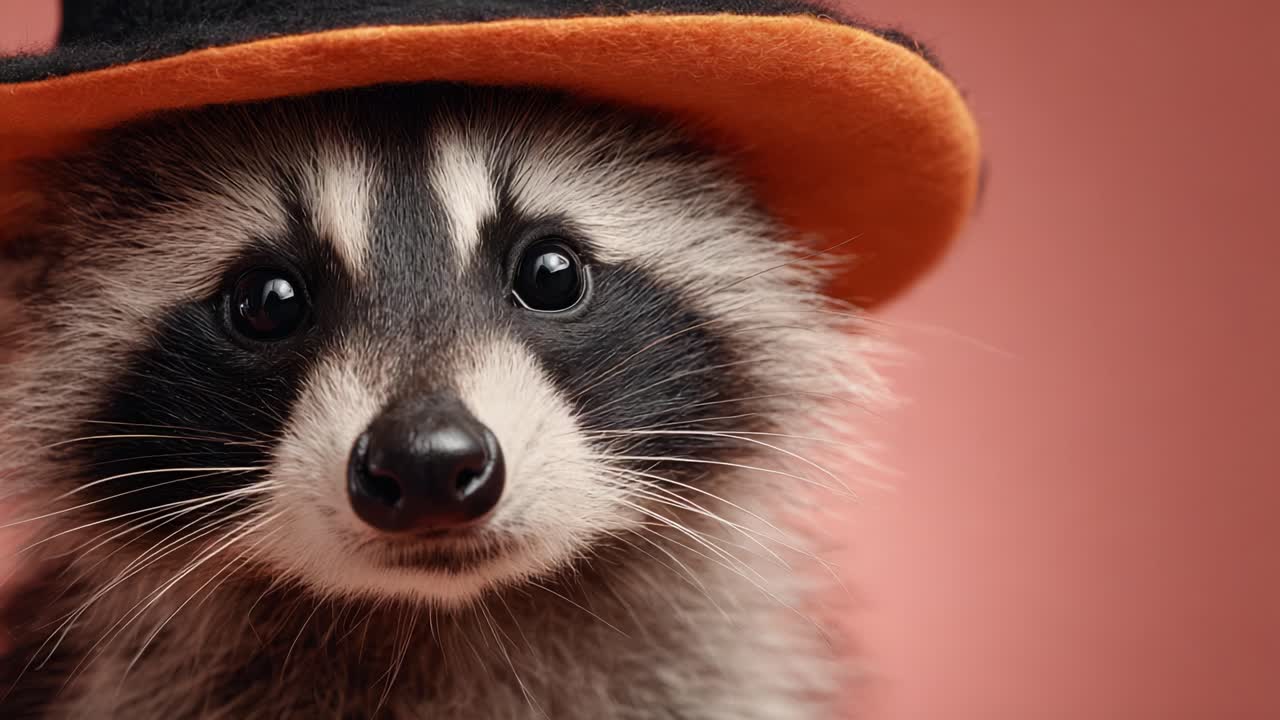 Adorable raccoon wearing an orange hat poses sweetly for the camera, showcasing its charming face and bright eyes against a soft pastel background, capturing hearts effortlessly