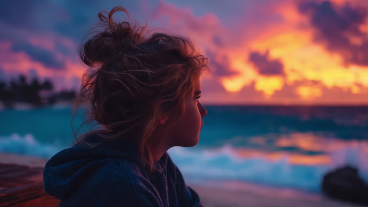 A Thoughtful Moment by the Ocean: Capturing the Serenity of a Young Person Gazing at a Breathtaking Sunset over the Waves and Sky