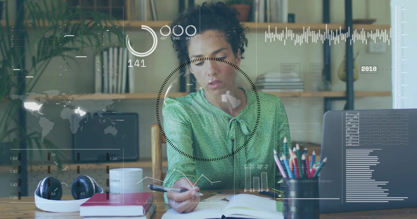 Woman reaching notebook and picking pen, writing while HUD circle graphs updating for data analysis