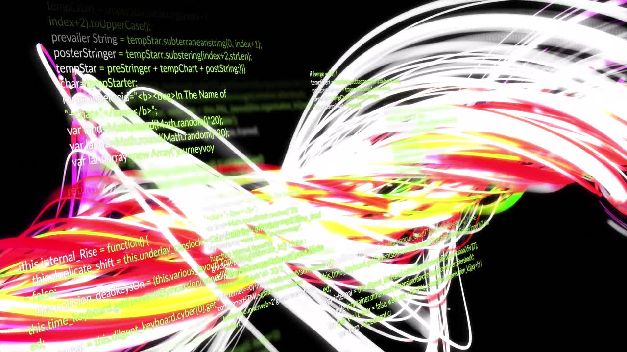 Animation of wavy lights and data processing on black background